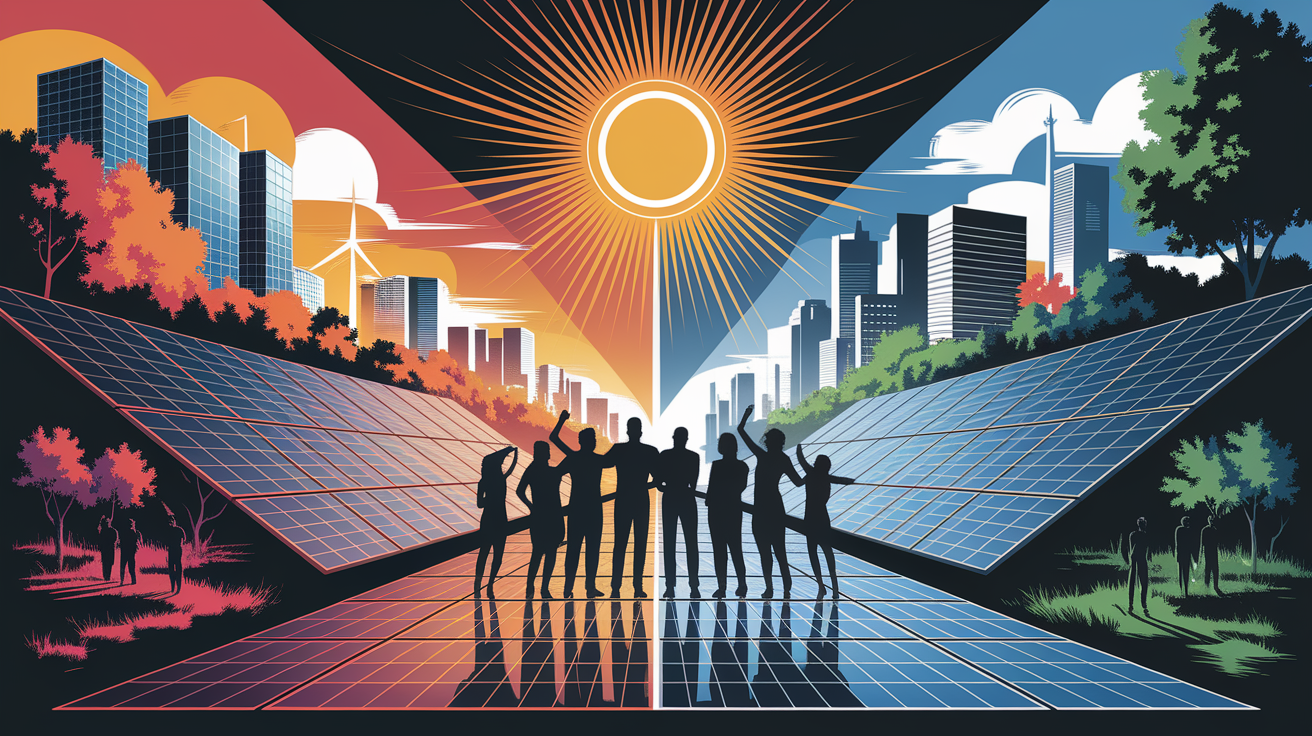 A conceptual illustration representing Lighting Up Lives: The Rise of Solar Energy. Visualize the main ideas: . Creative but clear representation of the concept. Style: Visual Theme: Clean, modern aesthetic with high contrast and vibrant energy. Emphasize the intersect. high quality, detailed, professional, clean composition, good lighting, sharp focus, well-composed. high quality, professional, detailed, well-composed