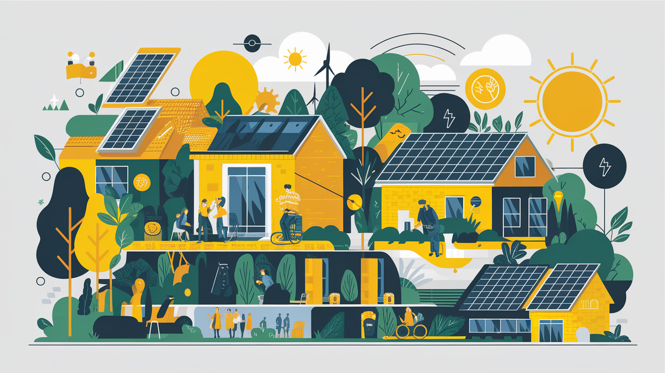 A conceptual illustration representing Key Solar Initiatives and Projects. Visualize the main ideas: . Creative but clear representation of the concept. Style: Visual Theme: Clean, modern aesthetic with high contrast and vibrant energy. Emphasize the intersect. high quality, detailed, professional, clean composition, good lighting, sharp focus, well-composed. high quality, professional, detailed, well-composed