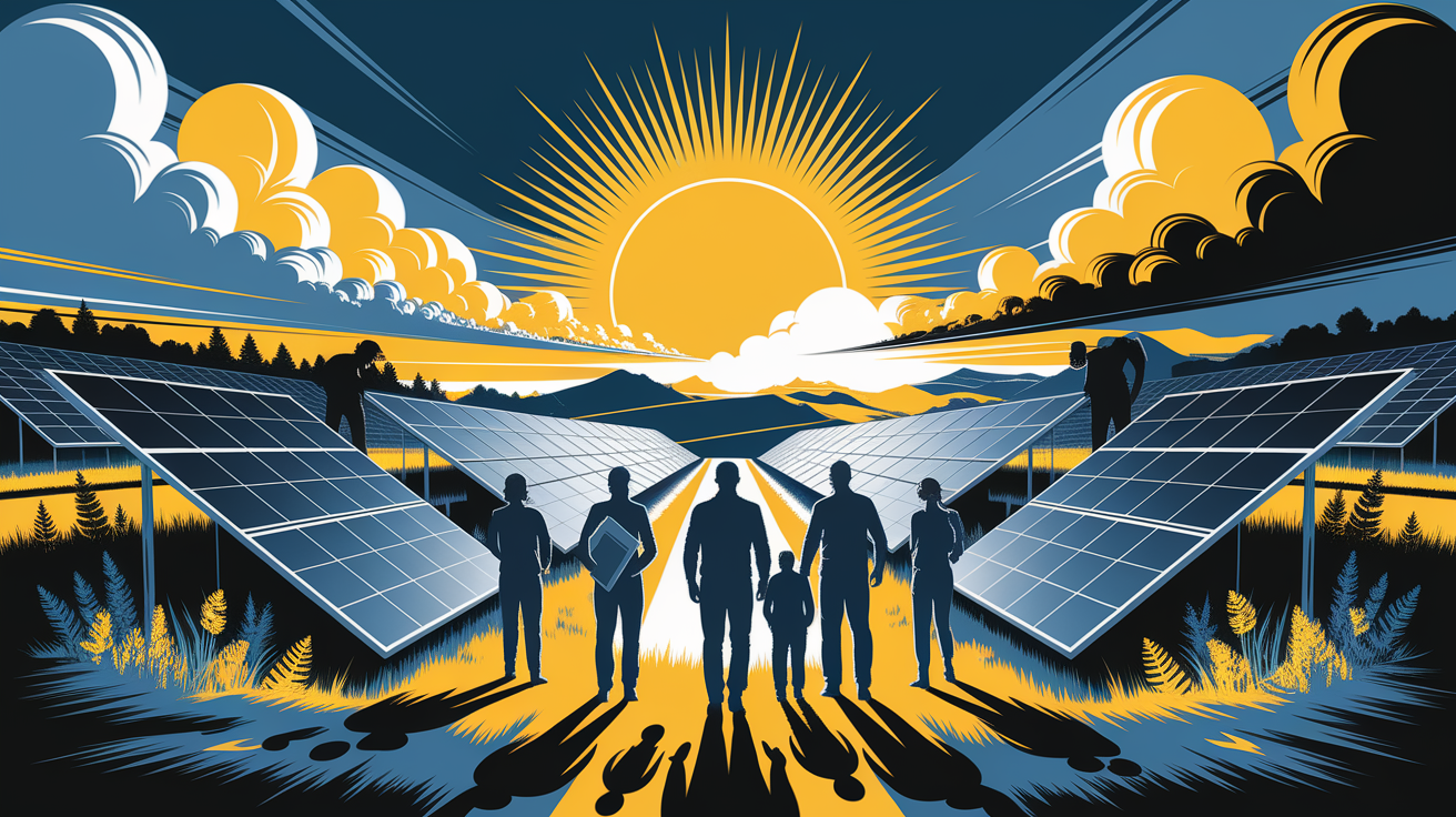 A conceptual illustration representing Overcoming Challenges in Solar Implementation. Visualize the main ideas: . Creative but clear representation of the concept. Style: Visual Theme: Clean, modern aesthetic with high contrast and vibrant energy. Emphasize the intersect. high quality, detailed, professional, clean composition, good lighting, sharp focus, well-composed. high quality, professional, detailed, well-composed
