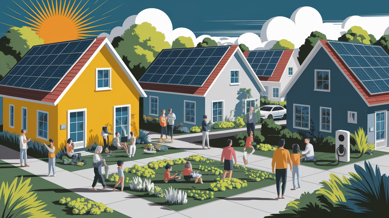 A conceptual illustration representing The Impact of Solar Energy on Communities. Visualize the main ideas: . Creative but clear representation of the concept. Style: Visual Theme: Clean, modern aesthetic with high contrast and vibrant energy. Emphasize the intersect. high quality, detailed, professional, clean composition, good lighting, sharp focus, well-composed. high quality, professional, detailed, well-composed