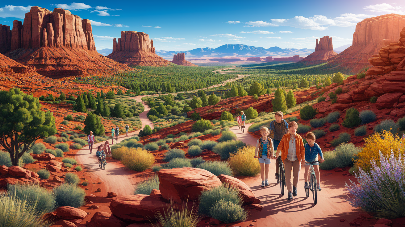 A conceptual illustration representing Top Family-Friendly Trails in St. George. Visualize the main ideas: . Creative but clear representation of the concept. Style: photorealistic. high quality, detailed, professional, clean composition, good lighting, sharp focus, well-composed. high quality, professional, detailed, well-composed, no words