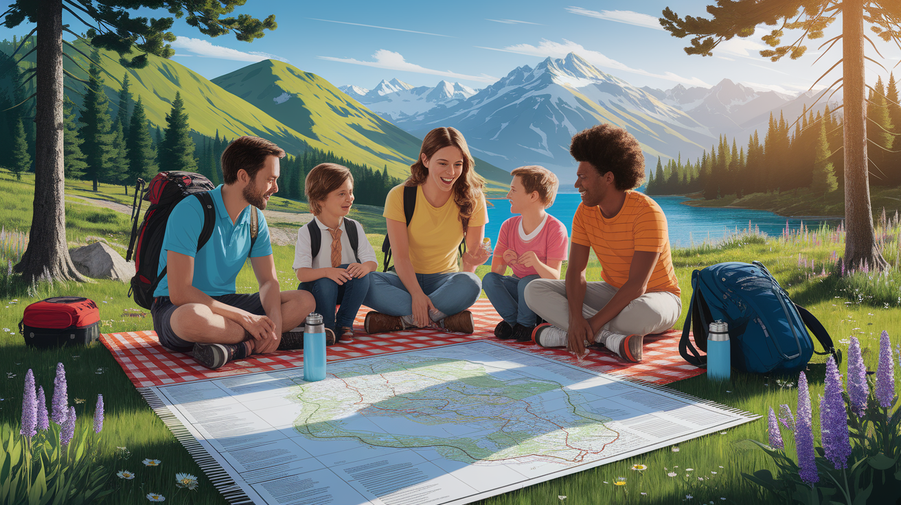 A conceptual illustration representing Planning Your Family Hiking Adventure. Visualize the main ideas: . Creative but clear representation of the concept. Style: photorealistic. high quality, detailed, professional, clean composition, good lighting, sharp focus, well-composed. high quality, professional, detailed, well-composed, no words