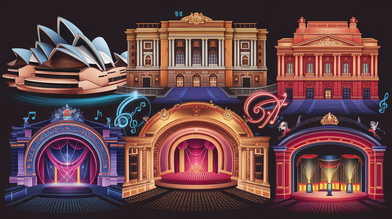 A conceptual illustration representing Iconic Venues and Their Musical Offerings. Visualize the main ideas: . Creative but clear representation of the concept. Style: photorealistic. high quality, detailed, professional, clean composition, good lighting, sharp focus, well-composed. high quality, professional, detailed, well-composed, no words