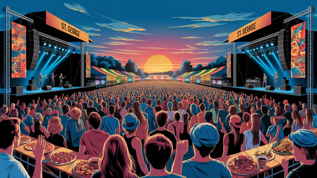 A conceptual illustration representing Major Music Festivals in St. George. Visualize the main ideas: . Creative but clear representation of the concept. Style: photorealistic. high quality, detailed, professional, clean composition, good lighting, sharp focus, well-composed. high quality, professional, detailed, well-composed, no words