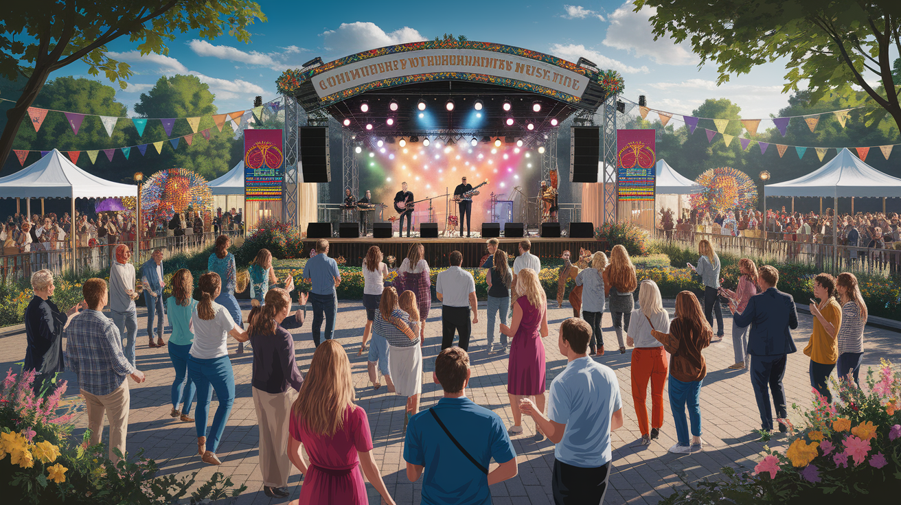 A conceptual illustration representing Community and Volunteer-Driven Music Events. Visualize the main ideas: . Creative but clear representation of the concept. Style: photorealistic. high quality, detailed, professional, clean composition, good lighting, sharp focus, well-composed. high quality, professional, detailed, well-composed, no words