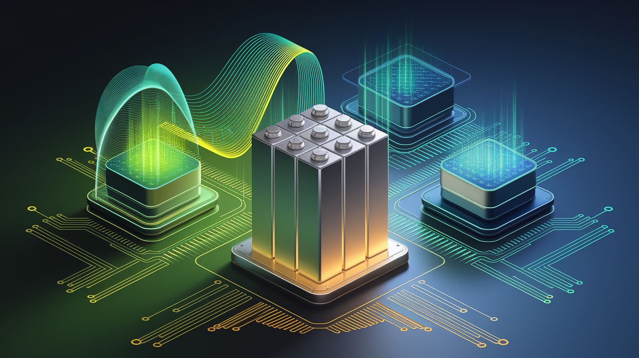 A conceptual illustration representing Breakthrough Technologies in Battery Storage. Visualize the main ideas: . Creative but clear representation of the concept. Style: Visual Theme: Clean, modern aesthetic with high contrast and vibrant energy. Emphasize the intersect. high quality, detailed, professional, clean composition, good lighting, sharp focus, well-composed. high quality, professional, detailed, well-composed
