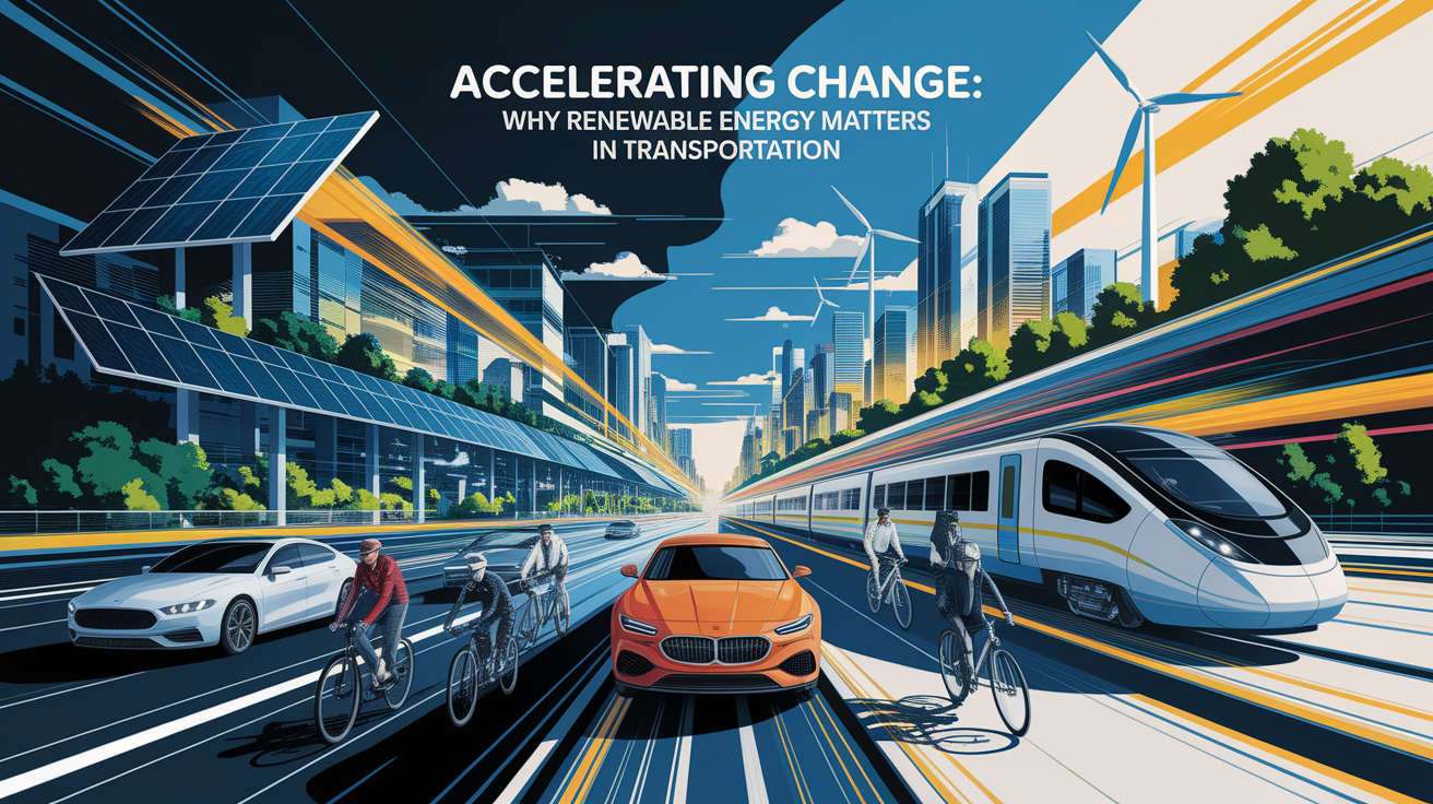 A conceptual illustration representing Accelerating Change: Why Renewable Energy Matters in Transportation. Visualize the main ideas: . Creative but clear representation of the concept. Style: Visual Theme: Clean, modern aesthetic with high contrast and vibrant energy. Emphasize the intersect. high quality, detailed, professional, clean composition, good lighting, sharp focus, well-composed. high quality, professional, detailed, well-composed