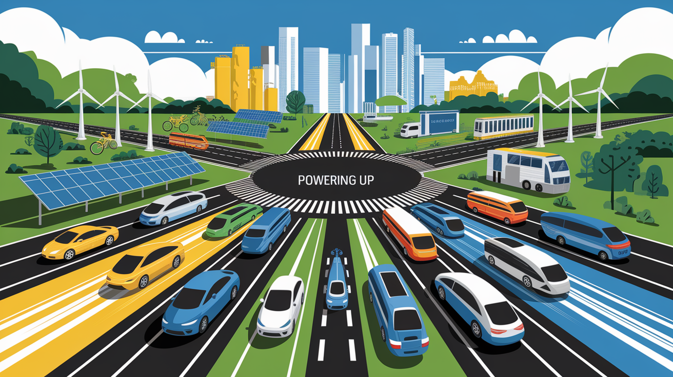 A conceptual illustration representing Powering Up: Key Renewable Energy Sources for Transportation. Visualize the main ideas: . Creative but clear representation of the concept. Style: Visual Theme: Clean, modern aesthetic with high contrast and vibrant energy. Emphasize the intersect. high quality, detailed, professional, clean composition, good lighting, sharp focus, well-composed. high quality, professional, detailed, well-composed