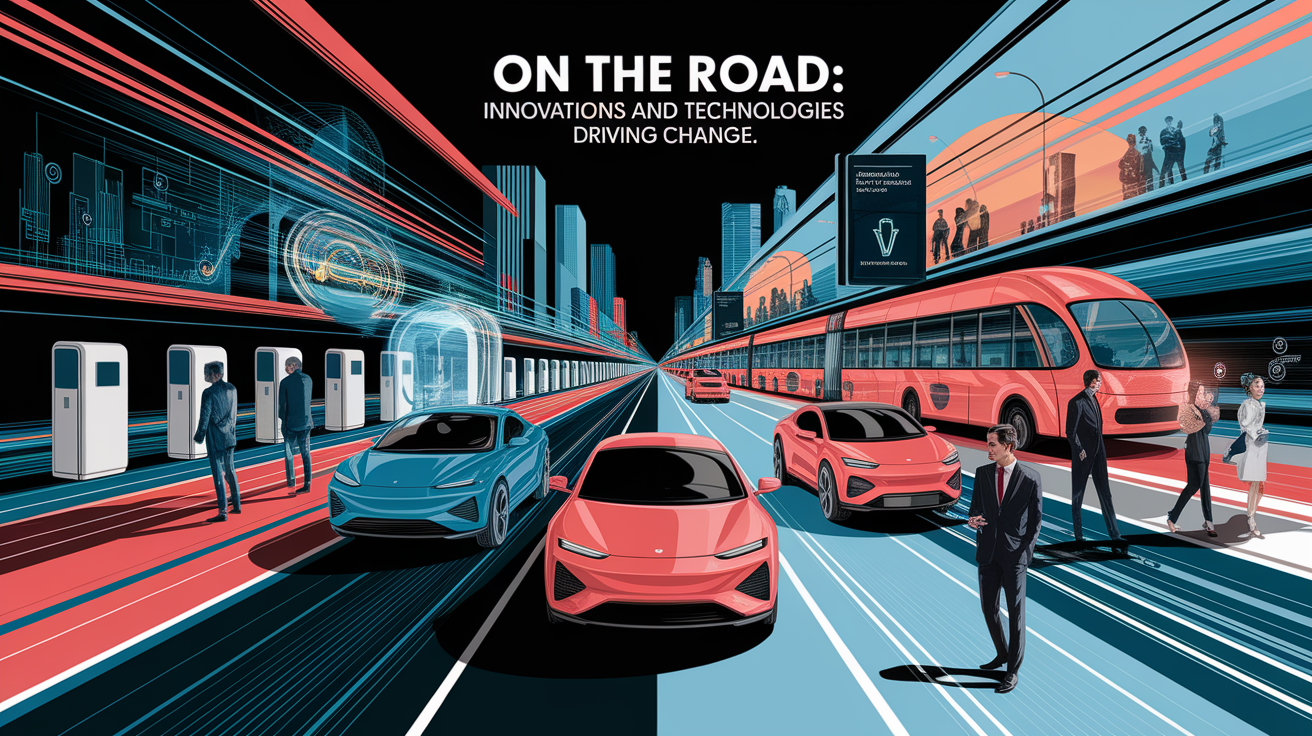 A conceptual illustration representing On the Road: Innovations and Technologies Driving Change. Visualize the main ideas: . Creative but clear representation of the concept. Style: Visual Theme: Clean, modern aesthetic with high contrast and vibrant energy. Emphasize the intersect. high quality, detailed, professional, clean composition, good lighting, sharp focus, well-composed. high quality, professional, detailed, well-composed