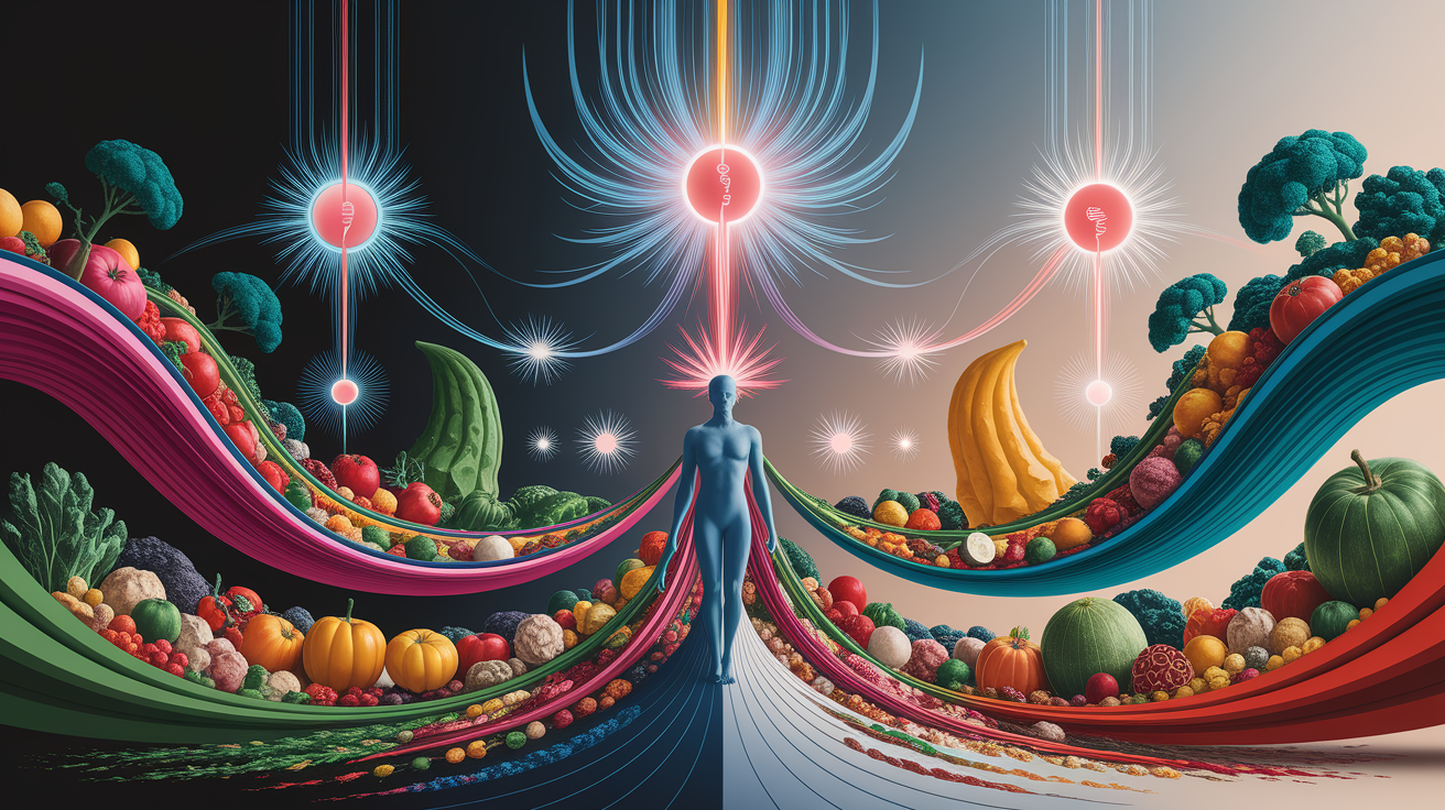 A conceptual illustration representing Nutritional and Hormonal Influences. Visualize the main ideas: . Creative but clear representation of the concept. Style: photorealistic. high quality, detailed, professional, clean composition, good lighting, sharp focus, well-composed. high quality, professional, detailed, well-composed