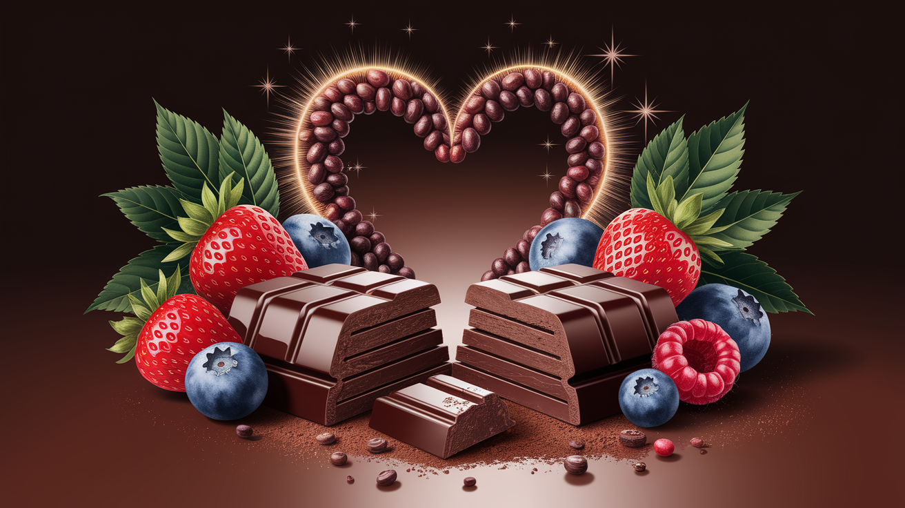 A conceptual illustration representing The Health Benefits of Dark Chocolate. Visualize the main ideas: . Creative but clear representation of the concept. Style: photorealistic. high quality, detailed, professional, clean composition, good lighting, sharp focus, well-composed. high quality, professional, detailed, well-composed