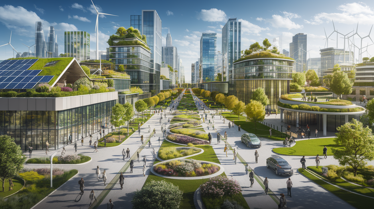 A conceptual illustration representing The Essence of Sustainable Urban Infrastructure. Visualize the main ideas: . Creative but clear representation of the concept. Style: Visual Theme: Clean, modern aesthetic with high contrast and vibrant energy. Emphasize the intersect. high quality, detailed, professional, clean composition, good lighting, sharp focus, well-composed. high quality, professional, detailed, well-composed