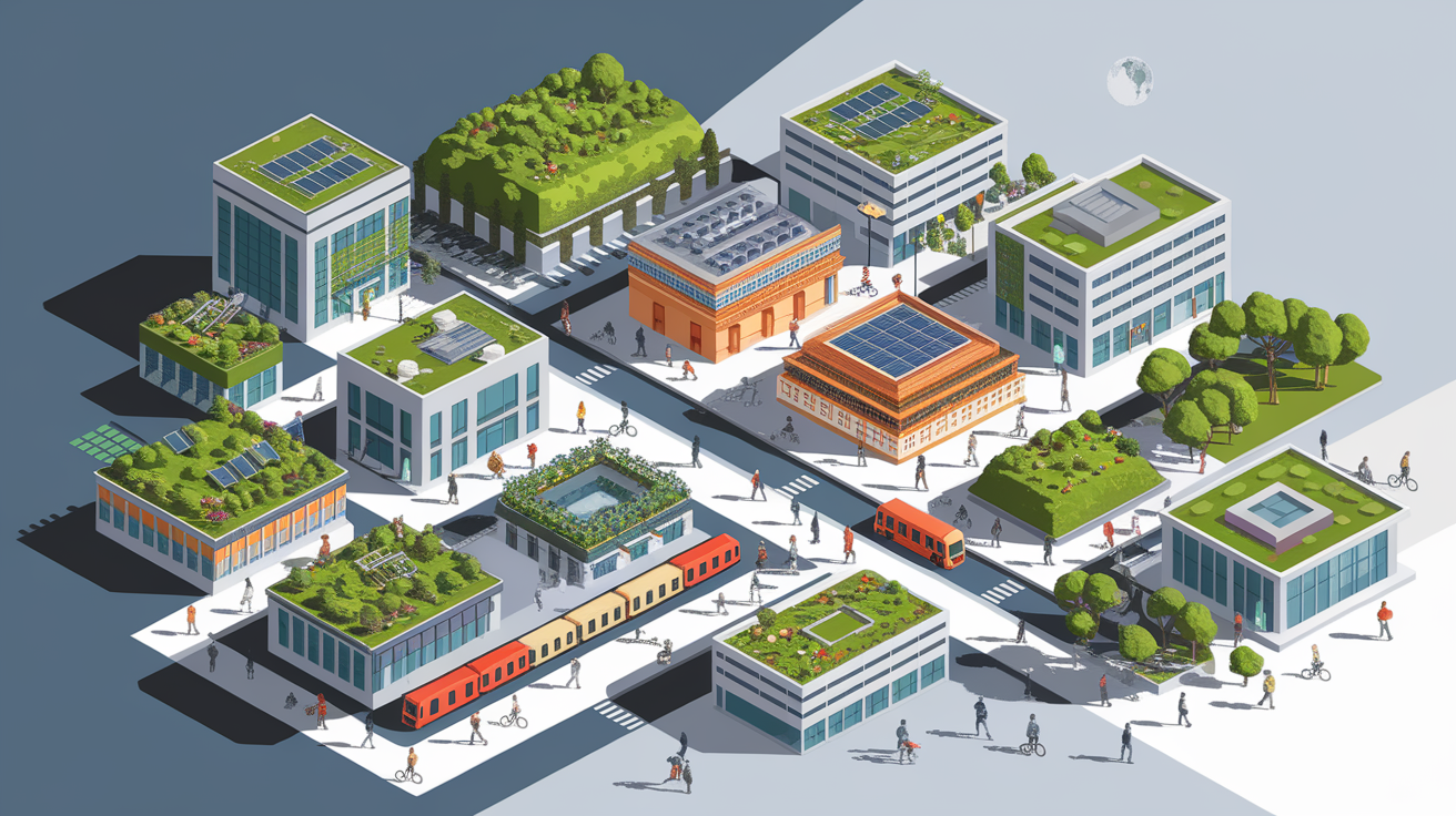 A conceptual illustration representing Key Components of Sustainable Urban Infrastructure. Visualize the main ideas: . Creative but clear representation of the concept. Style: Visual Theme: Clean, modern aesthetic with high contrast and vibrant energy. Emphasize the intersect. high quality, detailed, professional, clean composition, good lighting, sharp focus, well-composed. high quality, professional, detailed, well-composed