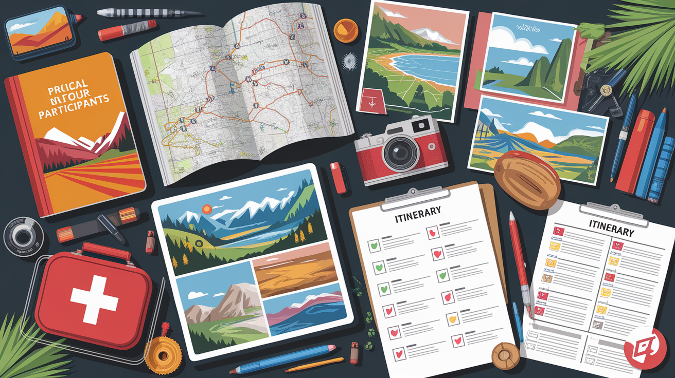 A conceptual illustration representing Practical Information for Tour Participants. Visualize the main ideas: . Creative but clear representation of the concept. Style: photorealistic. high quality, detailed, professional, clean composition, good lighting, sharp focus, well-composed. high quality, professional, detailed, well-composed, no words