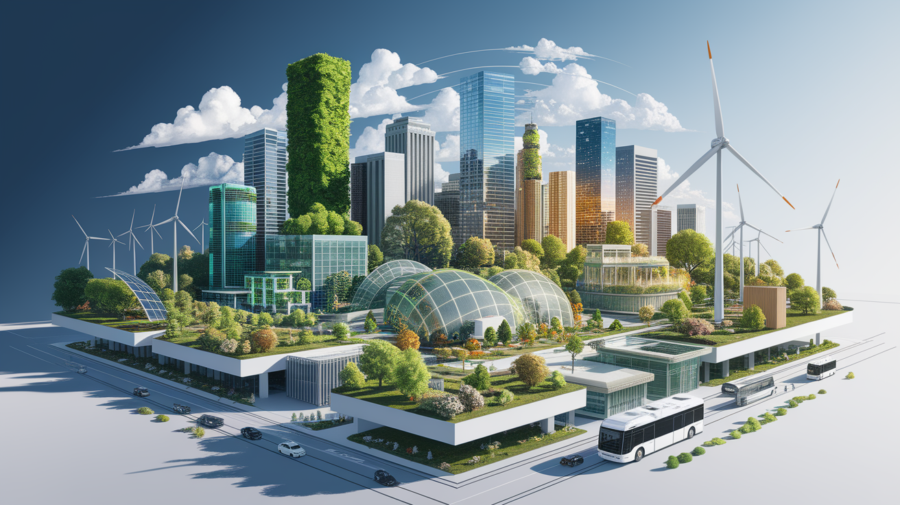 A conceptual illustration representing Benefits of Sustainable Urban Infrastructure. Visualize the main ideas: . Creative but clear representation of the concept. Style: Visual Theme: Clean, modern aesthetic with high contrast and vibrant energy. Emphasize the intersect. high quality, detailed, professional, clean composition, good lighting, sharp focus, well-composed. high quality, professional, detailed, well-composed