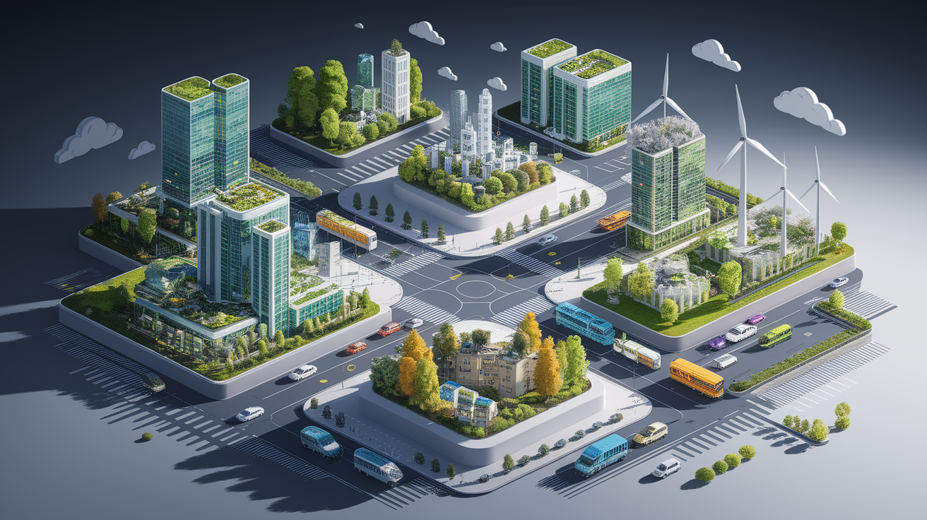 A conceptual illustration representing Challenges in Implementing Sustainable Urban Infrastructure. Visualize the main ideas: . Creative but clear representation of the concept. Style: Visual Theme: Clean, modern aesthetic with high contrast and vibrant energy. Emphasize the intersect. high quality, detailed, professional, clean composition, good lighting, sharp focus, well-composed. high quality, professional, detailed, well-composed