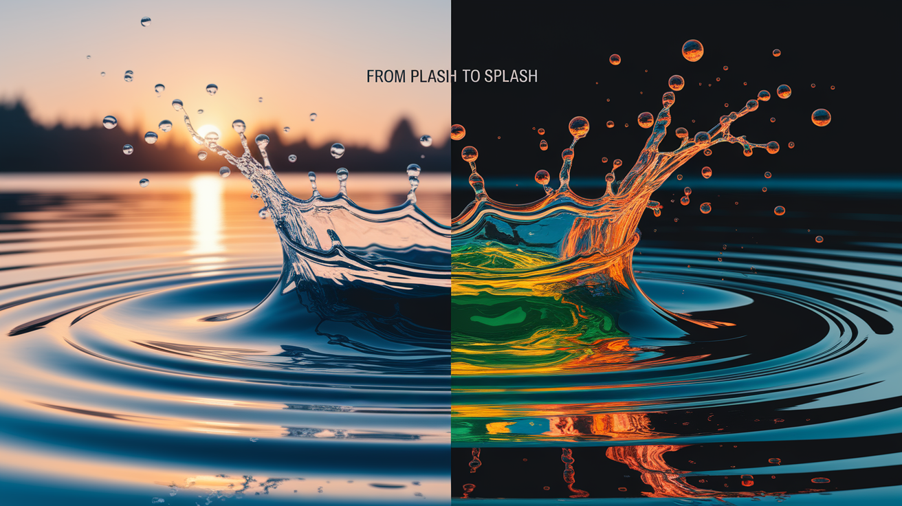 A conceptual illustration representing From Plash to Splash. Visualize the main ideas: . Creative but clear representation of the concept. Style: photorealistic. high quality, detailed, professional, clean composition, good lighting, sharp focus, well-composed. high quality, professional, detailed, well-composed