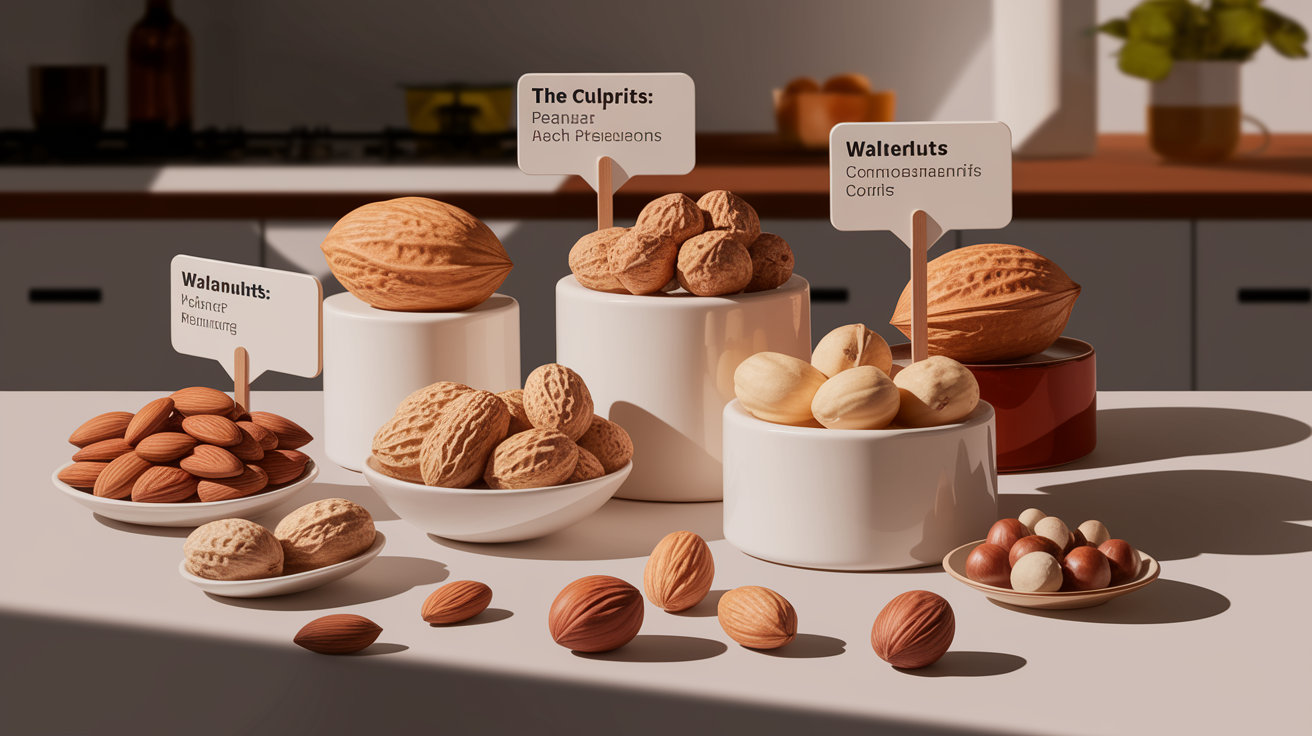 A conceptual illustration representing The Culprits: Common Nut Allergens. Visualize the main ideas: . Creative but clear representation of the concept. Style: photorealistic. high quality, detailed, professional, clean composition, good lighting, sharp focus, well-composed. high quality, professional, detailed, well-composed