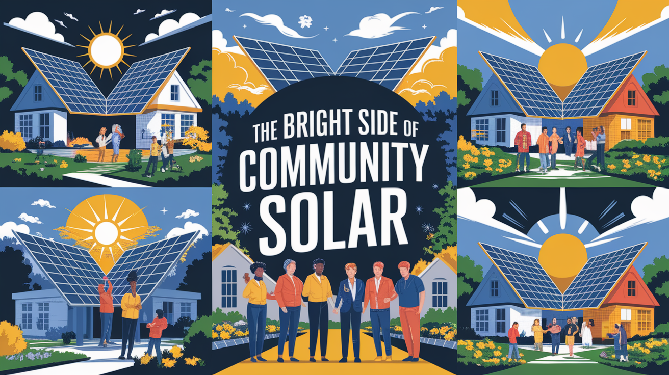 A conceptual illustration representing The Bright Side of Community Solar. Visualize the main ideas: . Creative but clear representation of the concept. Style: Visual Theme: Clean, modern aesthetic with high contrast and vibrant energy. Emphasize the intersect. high quality, detailed, professional, clean composition, good lighting, sharp focus, well-composed. high quality, professional, detailed, well-composed