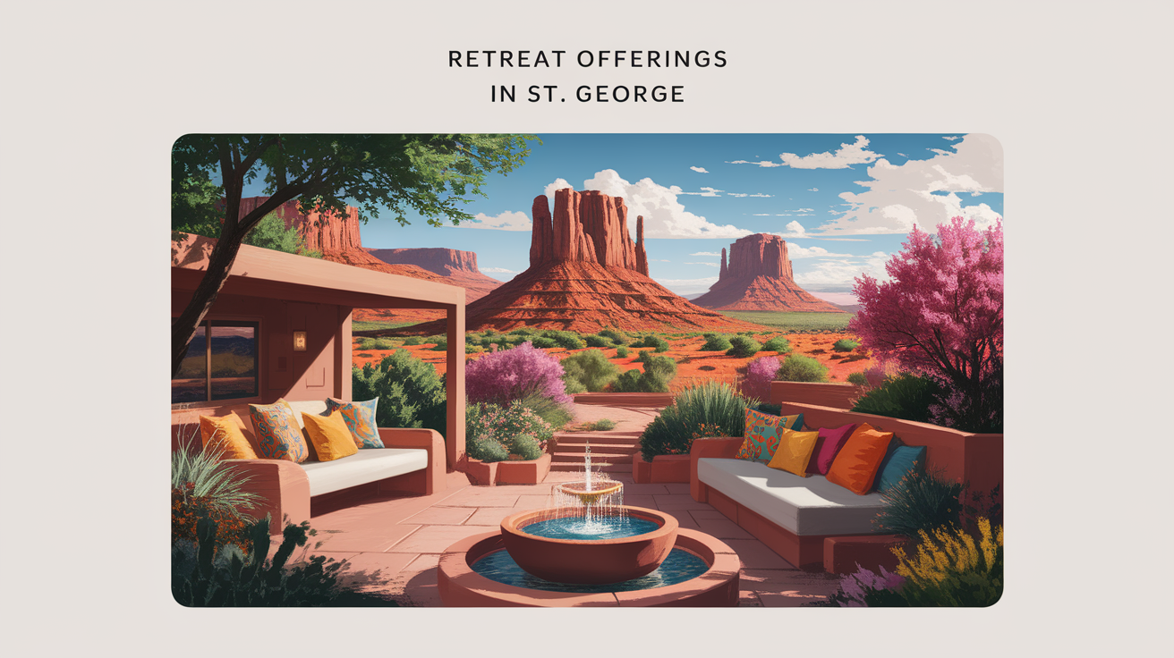 A conceptual illustration representing Retreat Offerings in St. George. Visualize the main ideas: . Creative but clear representation of the concept. Style: photorealistic. high quality, detailed, professional, clean composition, good lighting, sharp focus, well-composed. high quality, professional, detailed, well-composed, no words