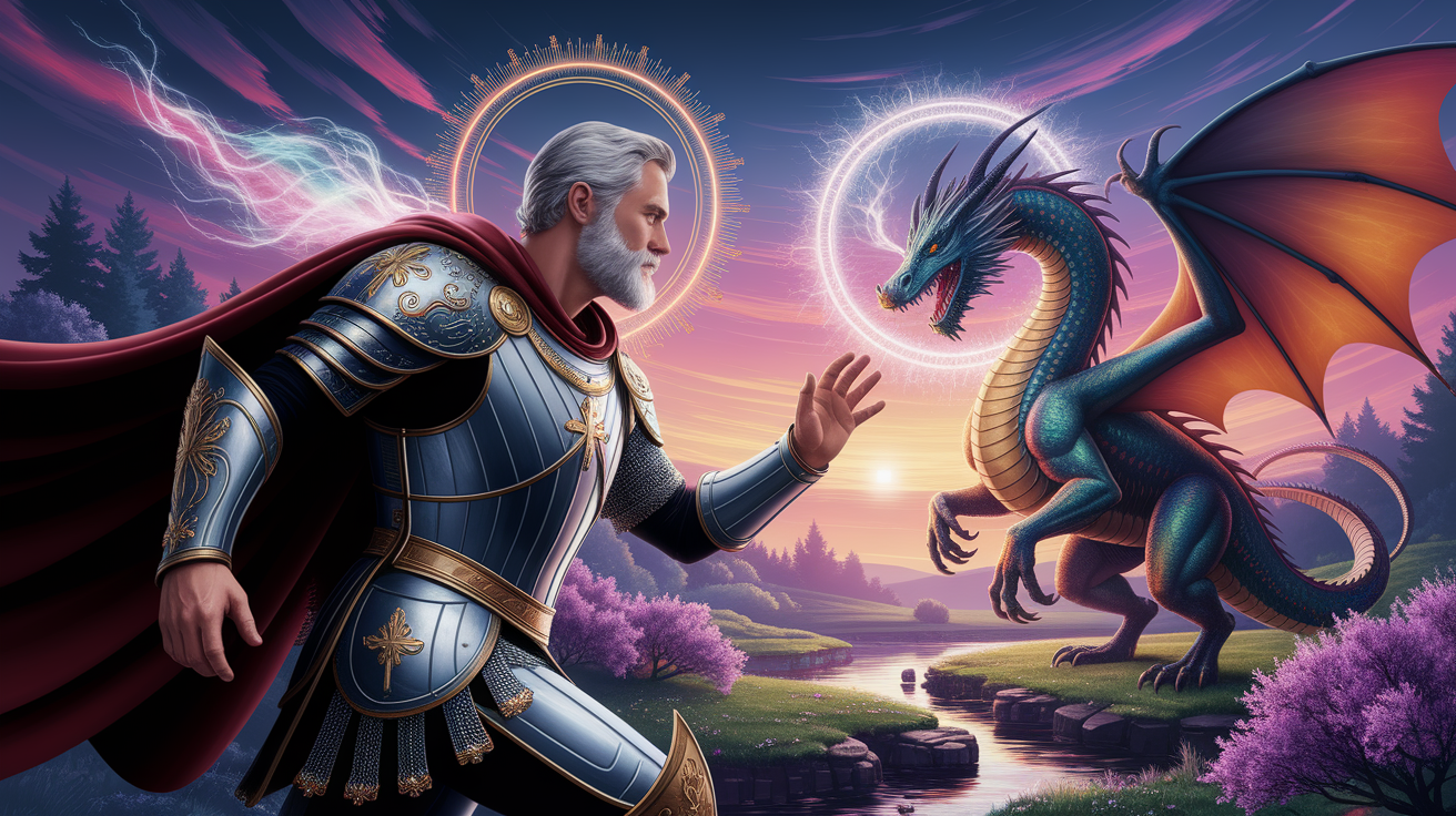 A conceptual illustration representing The Spiritual Connection to Saint George. Visualize the main ideas: . Creative but clear representation of the concept. Style: photorealistic. high quality, detailed, professional, clean composition, good lighting, sharp focus, well-composed. high quality, professional, detailed, well-composed, no words