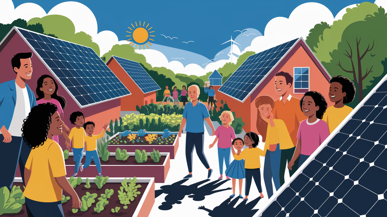 A conceptual illustration representing Community Solar: A Win-Win for All. Visualize the main ideas: . Creative but clear representation of the concept. Style: Visual Theme: Clean, modern aesthetic with high contrast and vibrant energy. Emphasize the intersect. high quality, detailed, professional, clean composition, good lighting, sharp focus, well-composed. high quality, professional, detailed, well-composed