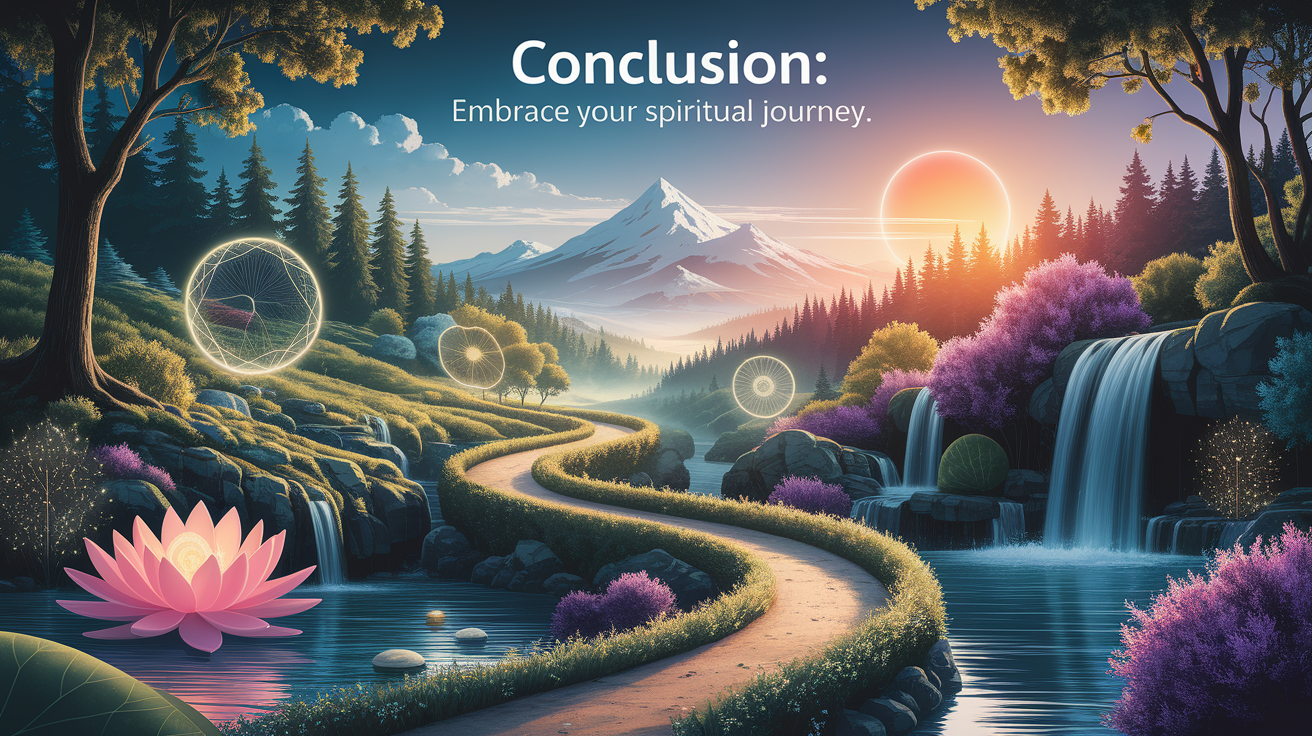 A conceptual illustration representing Conclusion: Embrace Your Spiritual Journey. Visualize the main ideas: . Creative but clear representation of the concept. Style: photorealistic. high quality, detailed, professional, clean composition, good lighting, sharp focus, well-composed. high quality, professional, detailed, well-composed, no words