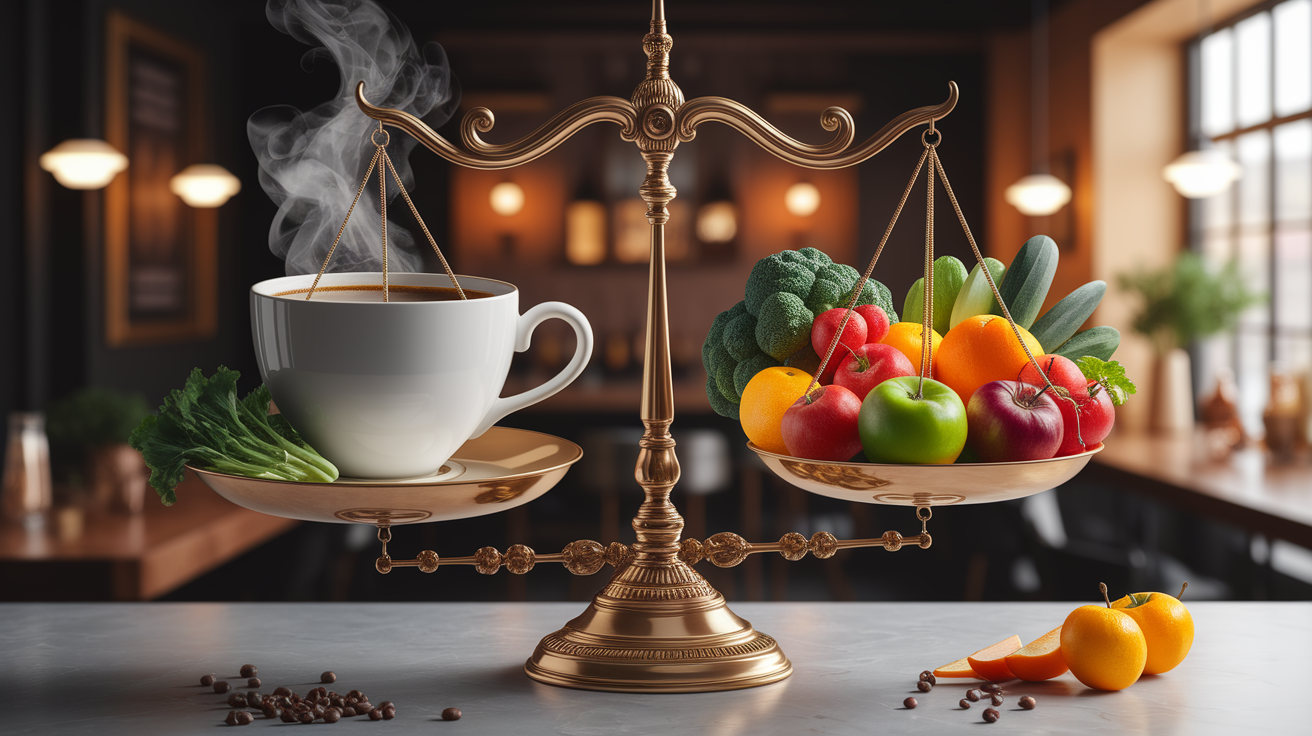 A conceptual illustration representing The Balancing Act: Caffeine and Your Health. Visualize the main ideas: . Creative but clear representation of the concept. Style: photorealistic. high quality, detailed, professional, clean composition, good lighting, sharp focus, well-composed. high quality, professional, detailed, well-composed