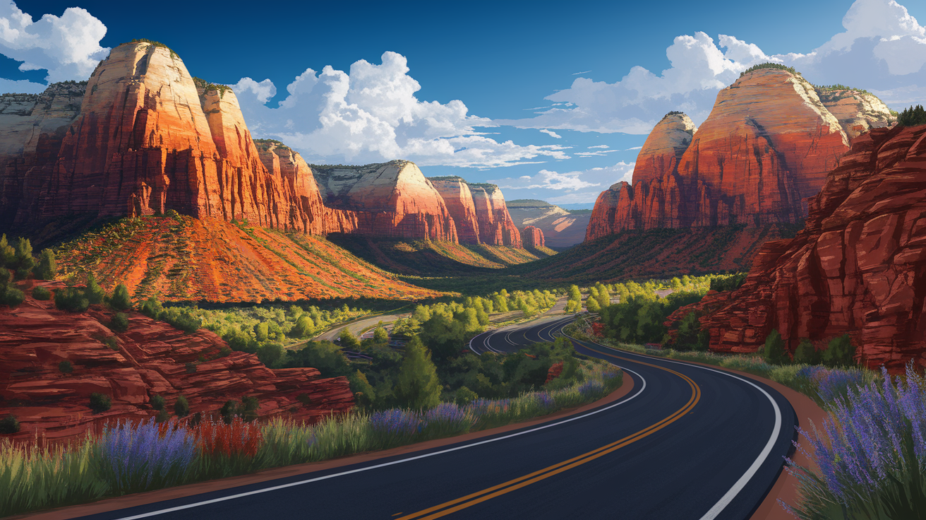 A conceptual illustration representing Zion Park Scenic Byway (Highway 9). Visualize the main ideas: . Creative but clear representation of the concept. Style: photorealistic. high quality, detailed, professional, clean composition, good lighting, sharp focus, well-composed. high quality, professional, detailed, well-composed, no words