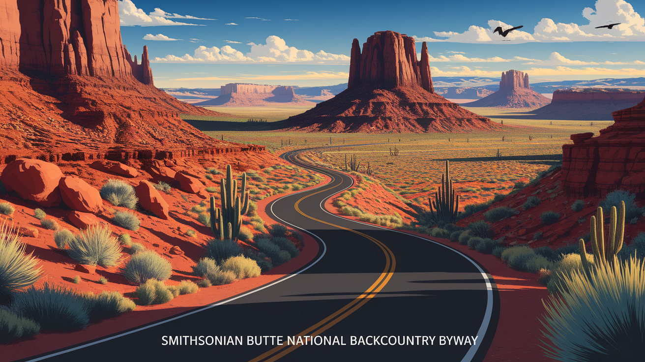 A conceptual illustration representing Smithsonian Butte National Backcountry Byway. Visualize the main ideas: . Creative but clear representation of the concept. Style: photorealistic. high quality, detailed, professional, clean composition, good lighting, sharp focus, well-composed. high quality, professional, detailed, well-composed, no words