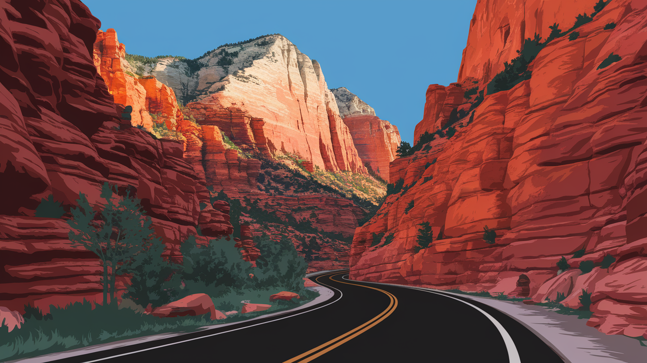 A conceptual illustration representing Kolob Canyon Scenic Drive. Visualize the main ideas: . Creative but clear representation of the concept. Style: photorealistic. high quality, detailed, professional, clean composition, good lighting, sharp focus, well-composed. high quality, professional, detailed, well-composed, no words