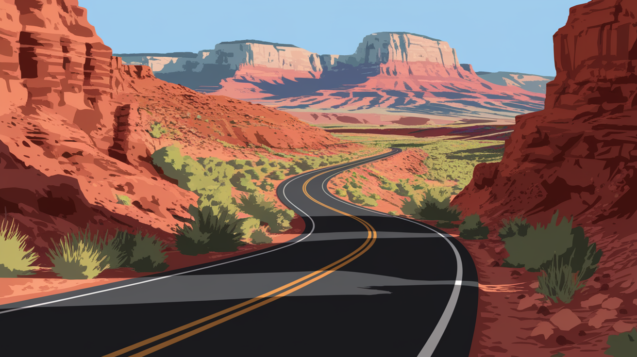 A conceptual illustration representing Snow Canyon Road. Visualize the main ideas: . Creative but clear representation of the concept. Style: photorealistic. high quality, detailed, professional, clean composition, good lighting, sharp focus, well-composed. high quality, professional, detailed, well-composed, no words