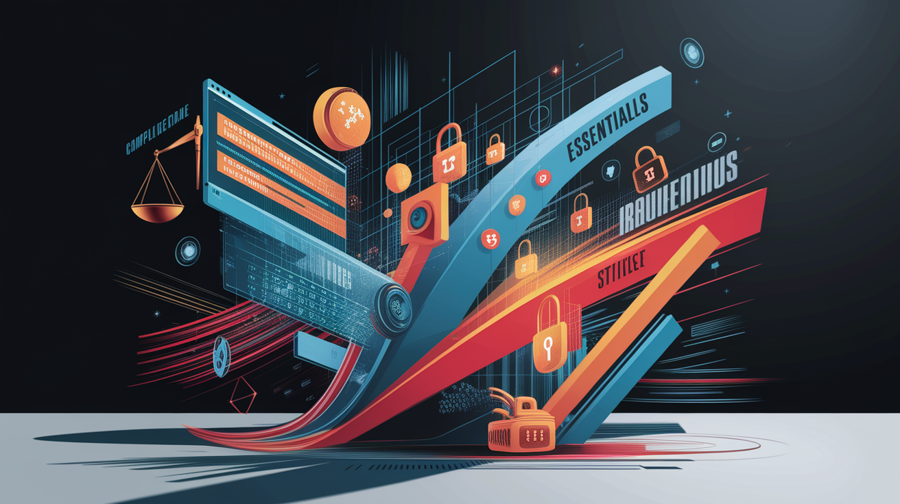 A conceptual illustration representing Compliance Essentials. Visualize the main ideas: . Creative but clear representation of the concept. Style: Visual Theme: Clean, modern aesthetic with high contrast and vibrant energy. Emphasize the intersect. high quality, detailed, professional, clean composition, good lighting, sharp focus, well-composed. high quality, professional, detailed, well-composed