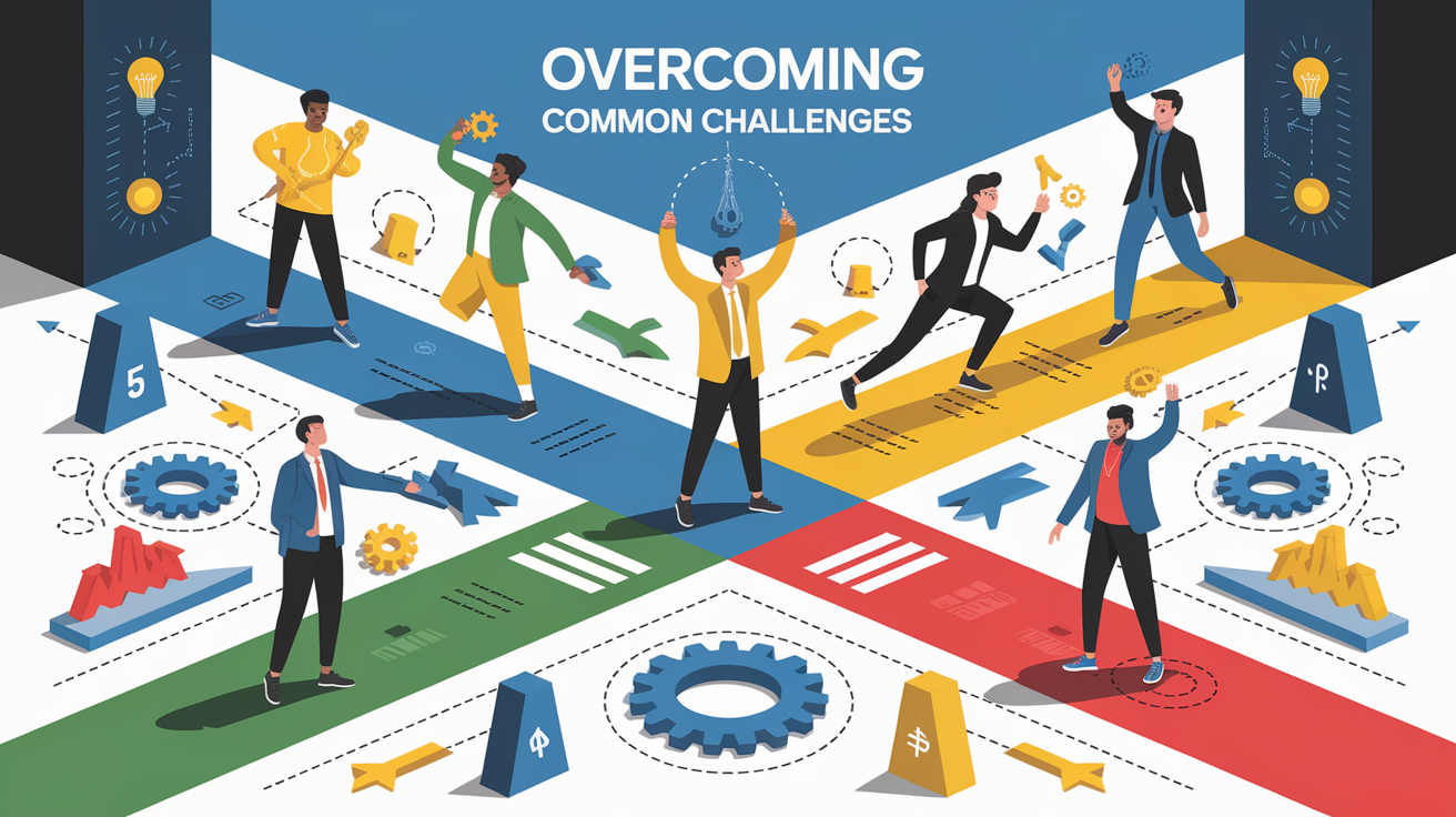 A conceptual illustration representing Overcoming Common Challenges. Visualize the main ideas: . Creative but clear representation of the concept. Style: Visual Theme: Clean, modern aesthetic with high contrast and vibrant energy. Emphasize the intersect. high quality, detailed, professional, clean composition, good lighting, sharp focus, well-composed. high quality, professional, detailed, well-composed