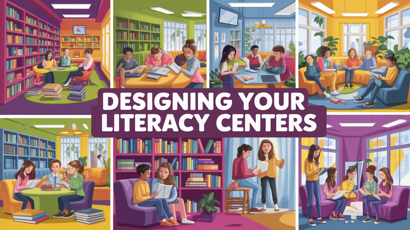 A conceptual illustration representing Designing Your Literacy Centers. Visualize the main ideas: . Creative but clear representation of the concept. Style: photorealistic. high quality, detailed, professional, clean composition, good lighting, sharp focus, well-composed. high quality, professional, detailed, well-composed