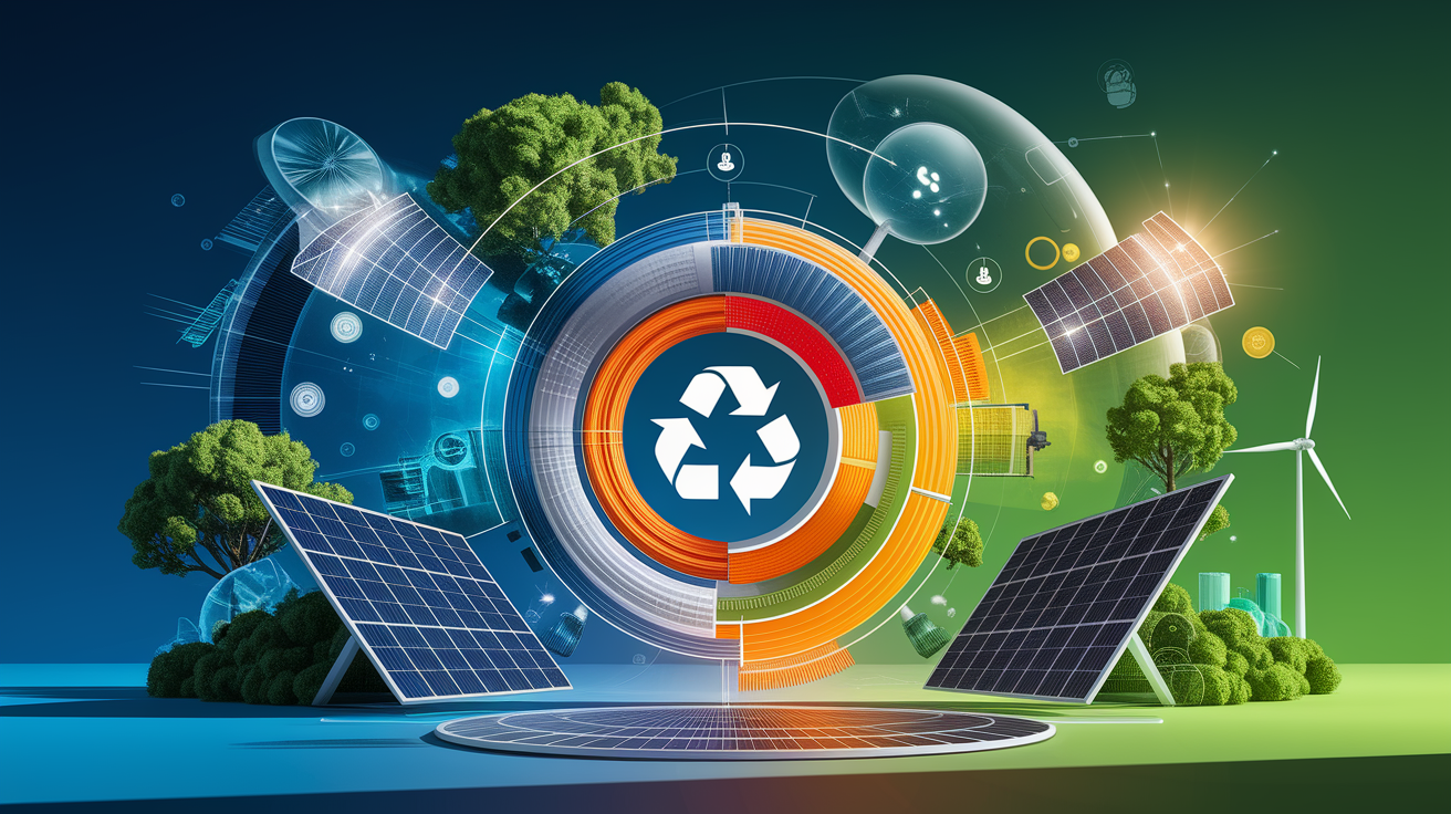 A conceptual illustration representing Key Strategies for Circular Solar Manufacturing. Visualize the main ideas: . Creative but clear representation of the concept. Style: Visual Theme: Clean, modern aesthetic with high contrast and vibrant energy. Emphasize the intersect. high quality, detailed, professional, clean composition, good lighting, sharp focus, well-composed. high quality, professional, detailed, well-composed