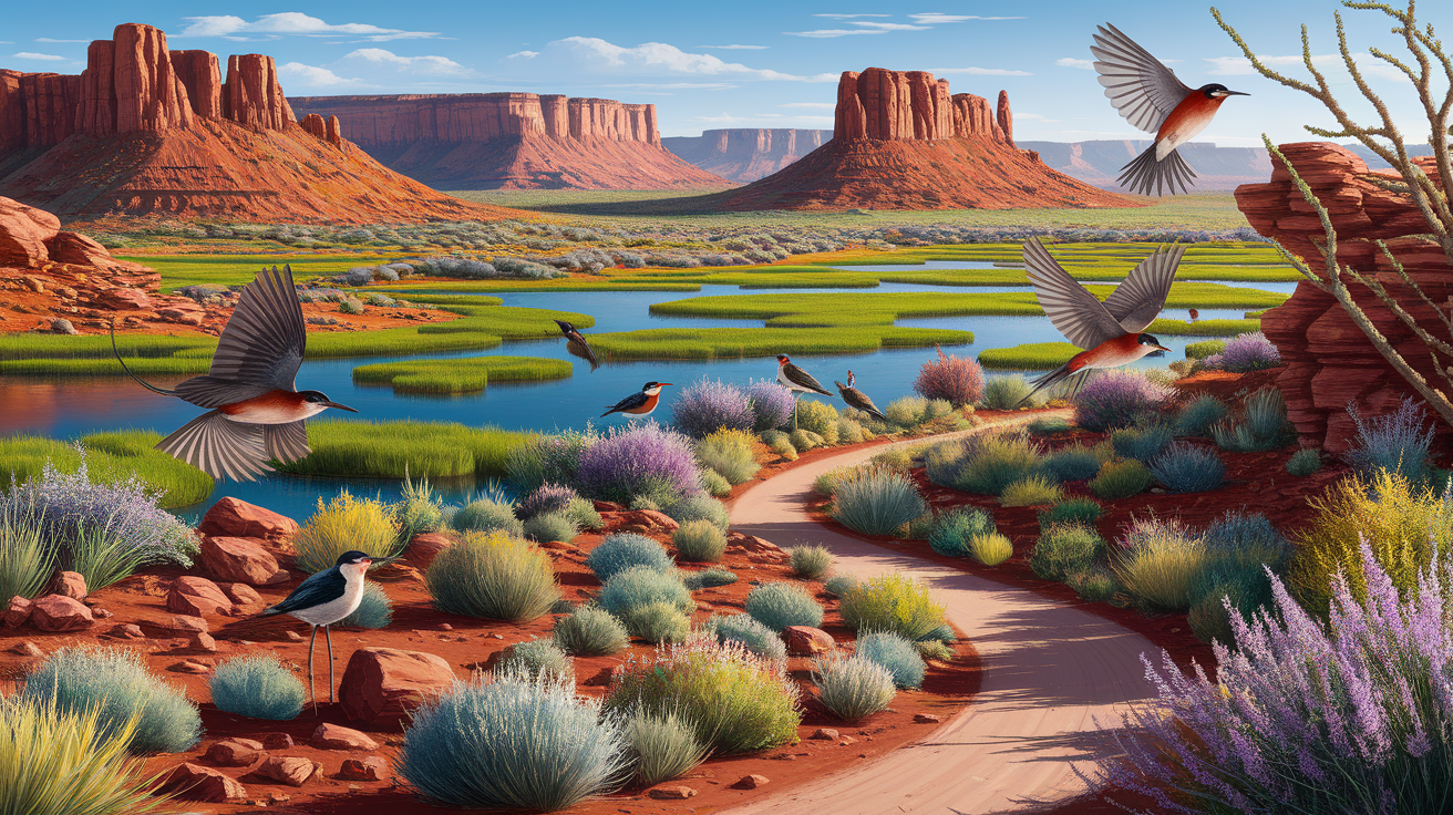 A conceptual illustration representing Top Birdwatching Trails in St. George. Visualize the main ideas: . Creative but clear representation of the concept. Style: photorealistic. high quality, detailed, professional, clean composition, good lighting, sharp focus, well-composed. high quality, professional, detailed, well-composed, no words