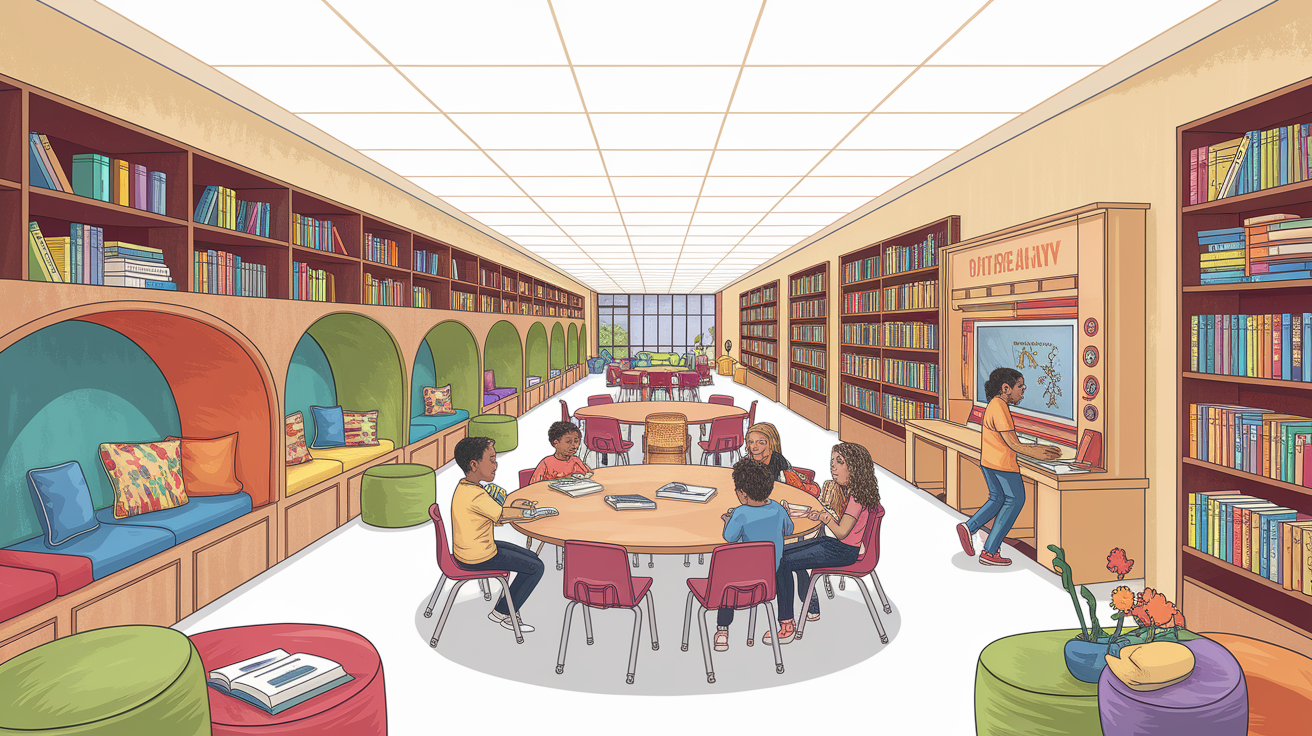A conceptual illustration representing Essential Components of a Literacy Center. Visualize the main ideas: . Creative but clear representation of the concept. Style: photorealistic. high quality, detailed, professional, clean composition, good lighting, sharp focus, well-composed. high quality, professional, detailed, well-composed