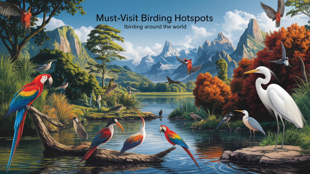 A conceptual illustration representing Must-Visit Birding Hotspots. Visualize the main ideas: . Creative but clear representation of the concept. Style: photorealistic. high quality, detailed, professional, clean composition, good lighting, sharp focus, well-composed. high quality, professional, detailed, well-composed, no words
