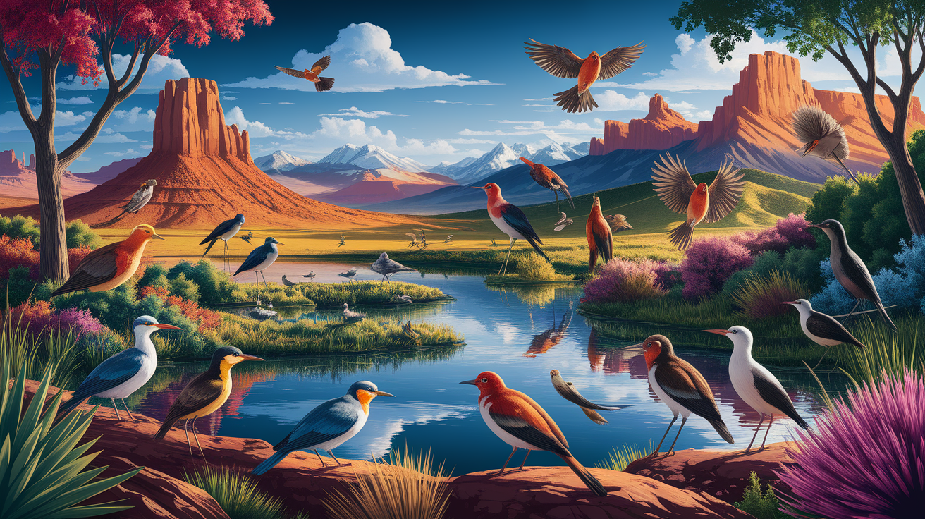 A conceptual illustration representing Extend Your Birdwatching Adventure Beyond St. George. Visualize the main ideas: . Creative but clear representation of the concept. Style: photorealistic. high quality, detailed, professional, clean composition, good lighting, sharp focus, well-composed. high quality, professional, detailed, well-composed, no words