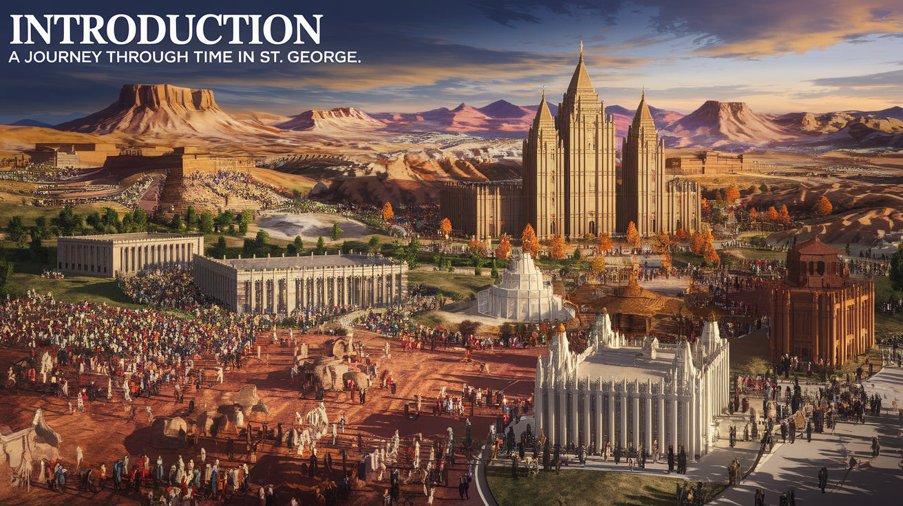 A conceptual illustration representing Introduction - A Journey Through Time in St. George. Visualize the main ideas: . Creative but clear representation of the concept. Style: photorealistic. high quality, detailed, professional, clean composition, good lighting, sharp focus, well-composed. high quality, professional, detailed, well-composed, no words