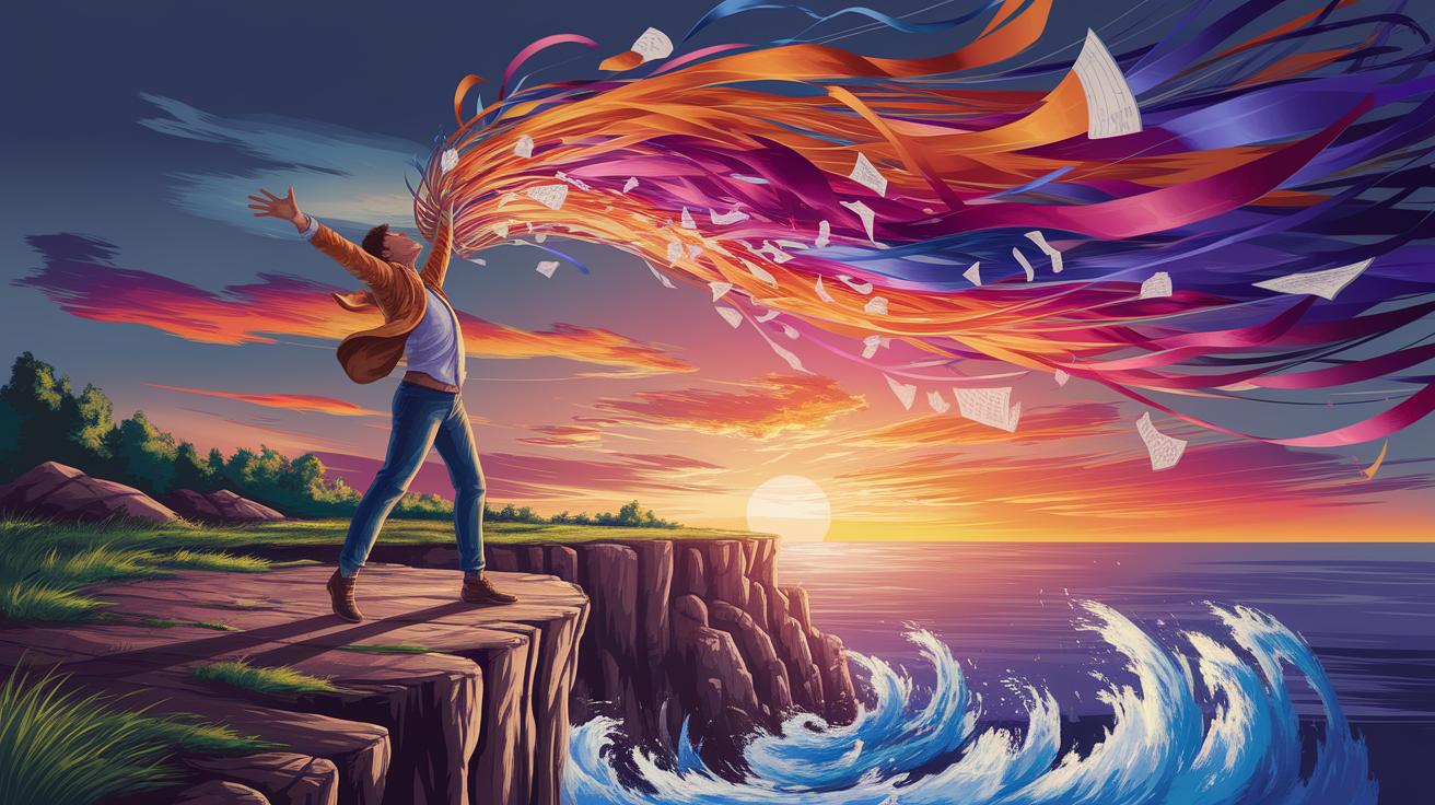 A conceptual illustration representing The Essence of Throwing Caution to the Wind. Visualize the main ideas: . Creative but clear representation of the concept. Style: photorealistic. high quality, detailed, professional, clean composition, good lighting, sharp focus, well-composed. high quality, professional, detailed, well-composed