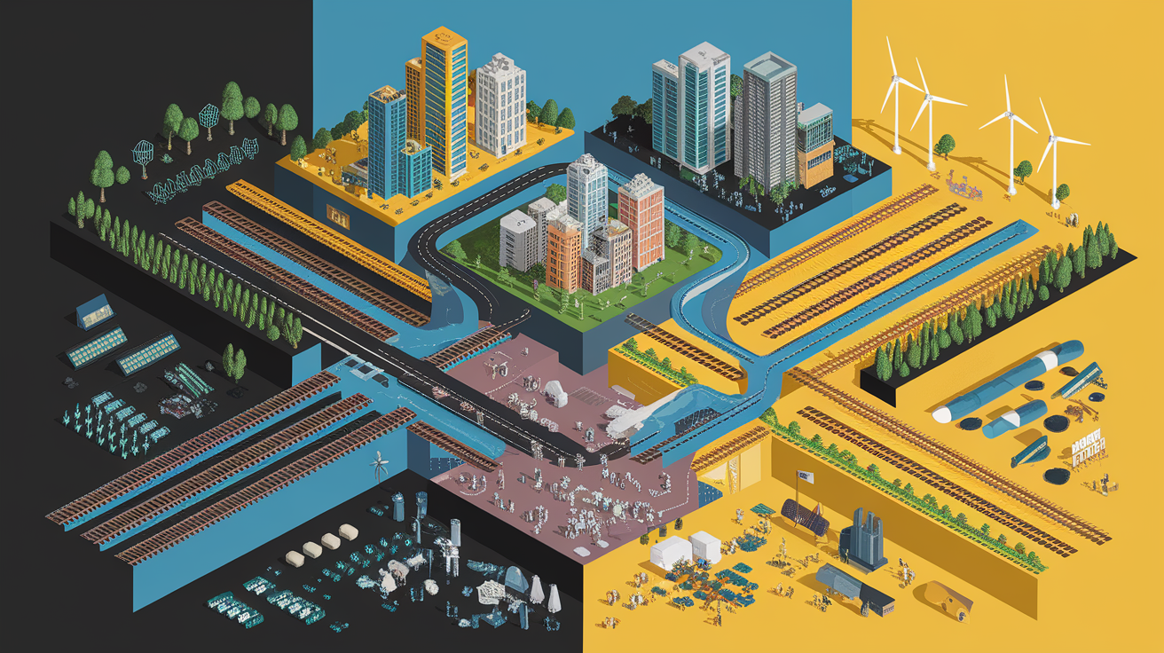 A conceptual illustration representing Infrastructure Challenges. Visualize the main ideas: . Creative but clear representation of the concept. Style: Visual Theme: Clean, modern aesthetic with high contrast and vibrant energy. Emphasize the intersect. high quality, detailed, professional, clean composition, good lighting, sharp focus, well-composed. high quality, professional, detailed, well-composed