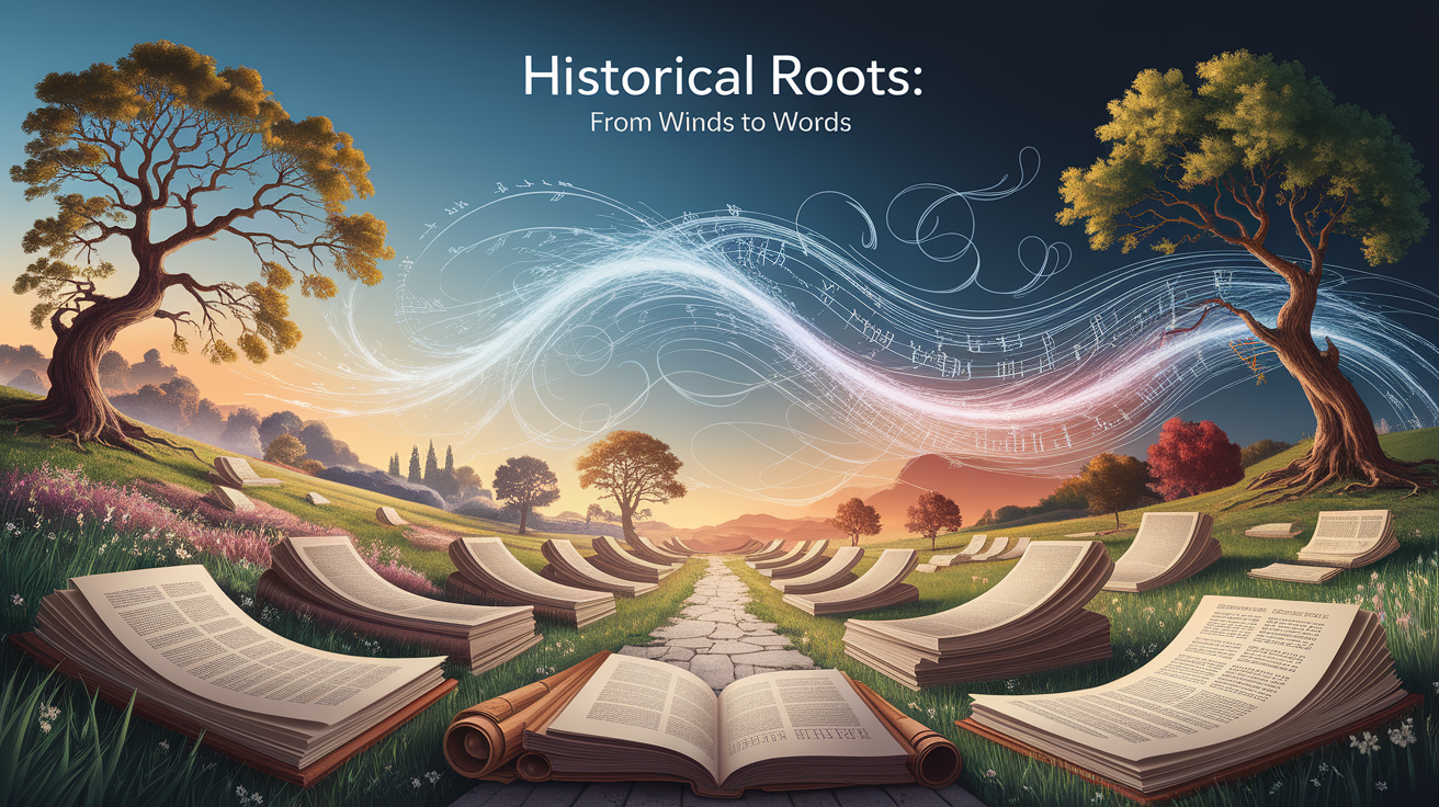 A conceptual illustration representing Historical Roots: From Winds to Words. Visualize the main ideas: . Creative but clear representation of the concept. Style: photorealistic. high quality, detailed, professional, clean composition, good lighting, sharp focus, well-composed. high quality, professional, detailed, well-composed