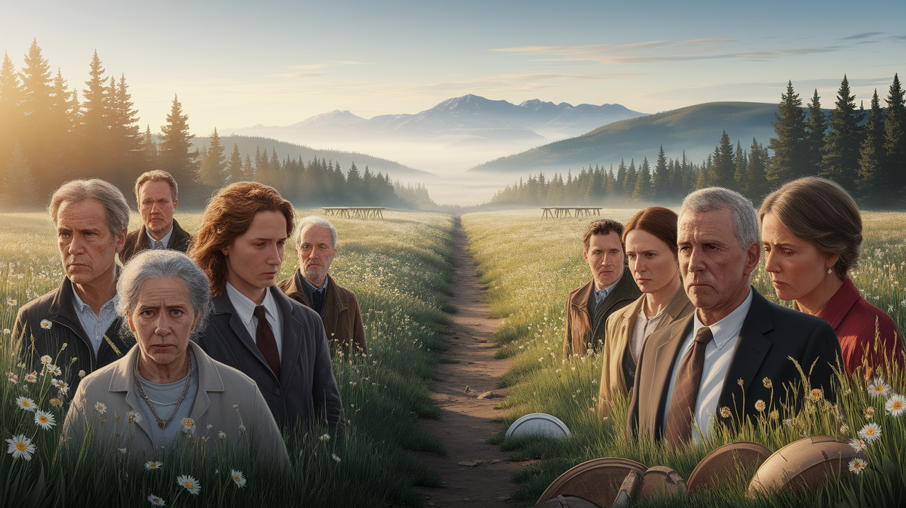 A conceptual illustration representing Reflecting on the Mountain Meadows Massacre. Visualize the main ideas: . Creative but clear representation of the concept. Style: photorealistic. high quality, detailed, professional, clean composition, good lighting, sharp focus, well-composed. high quality, professional, detailed, well-composed, no words