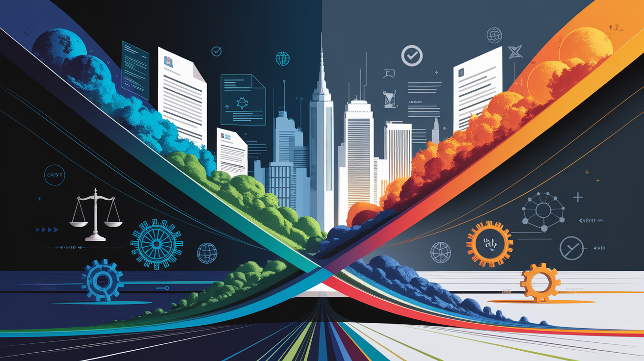 A conceptual illustration representing Regulatory and Policy Issues. Visualize the main ideas: . Creative but clear representation of the concept. Style: Visual Theme: Clean, modern aesthetic with high contrast and vibrant energy. Emphasize the intersect. high quality, detailed, professional, clean composition, good lighting, sharp focus, well-composed. high quality, professional, detailed, well-composed