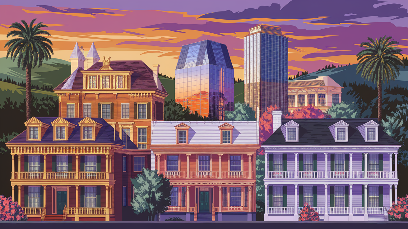 A conceptual illustration representing The Architectural Diversity of St. George. Visualize the main ideas: . Creative but clear representation of the concept. Style: photorealistic. high quality, detailed, professional, clean composition, good lighting, sharp focus, well-composed. high quality, professional, detailed, well-composed, no words