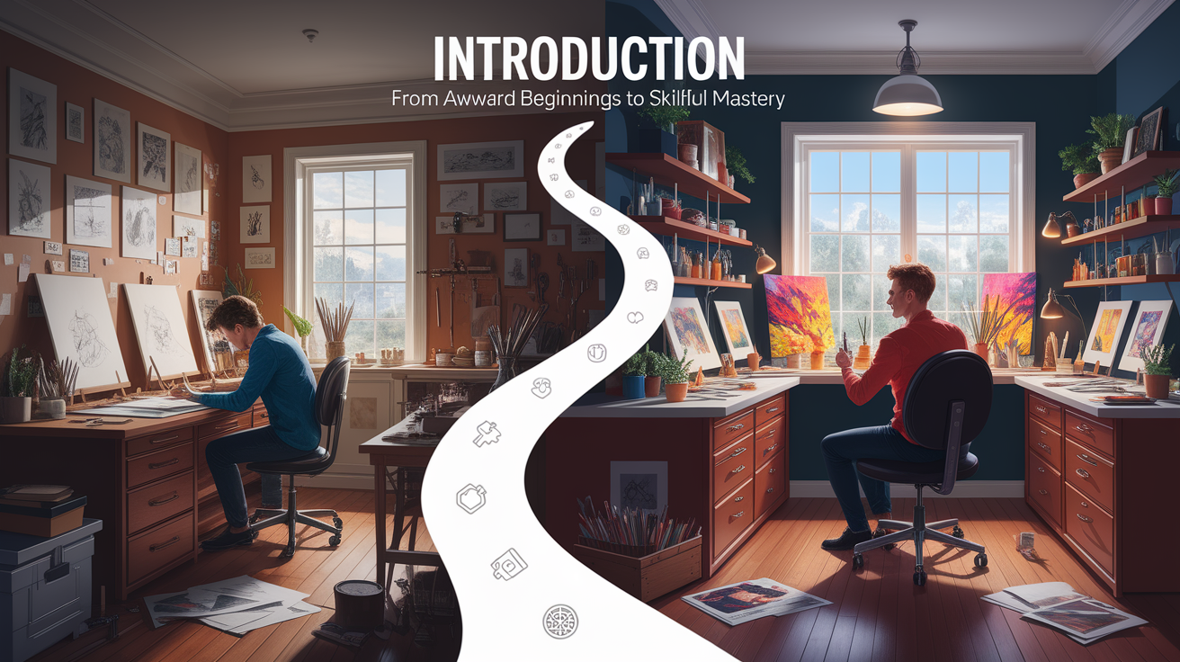 A conceptual illustration representing Introduction - From Awkward Beginnings to Skillful Mastery. Visualize the main ideas: . Creative but clear representation of the concept. Style: photorealistic. high quality, detailed, professional, clean composition, good lighting, sharp focus, well-composed. high quality, professional, detailed, well-composed