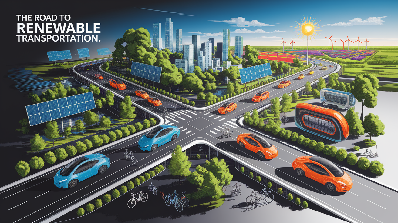 A conceptual illustration representing The Road to Renewable Transportation. Visualize the main ideas: . Creative but clear representation of the concept. Style: Visual Theme: Clean, modern aesthetic with high contrast and vibrant energy. Emphasize the intersect. high quality, detailed, professional, clean composition, good lighting, sharp focus, well-composed. high quality, professional, detailed, well-composed
