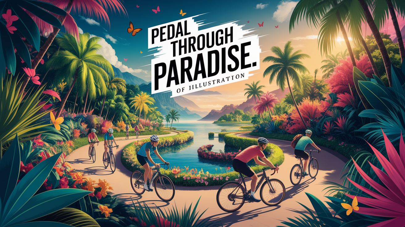 A conceptual illustration representing Pedal Through Paradise. Visualize the main ideas: . Creative but clear representation of the concept. Style: photorealistic. high quality, detailed, professional, clean composition, good lighting, sharp focus, well-composed. high quality, professional, detailed, well-composed, no words
